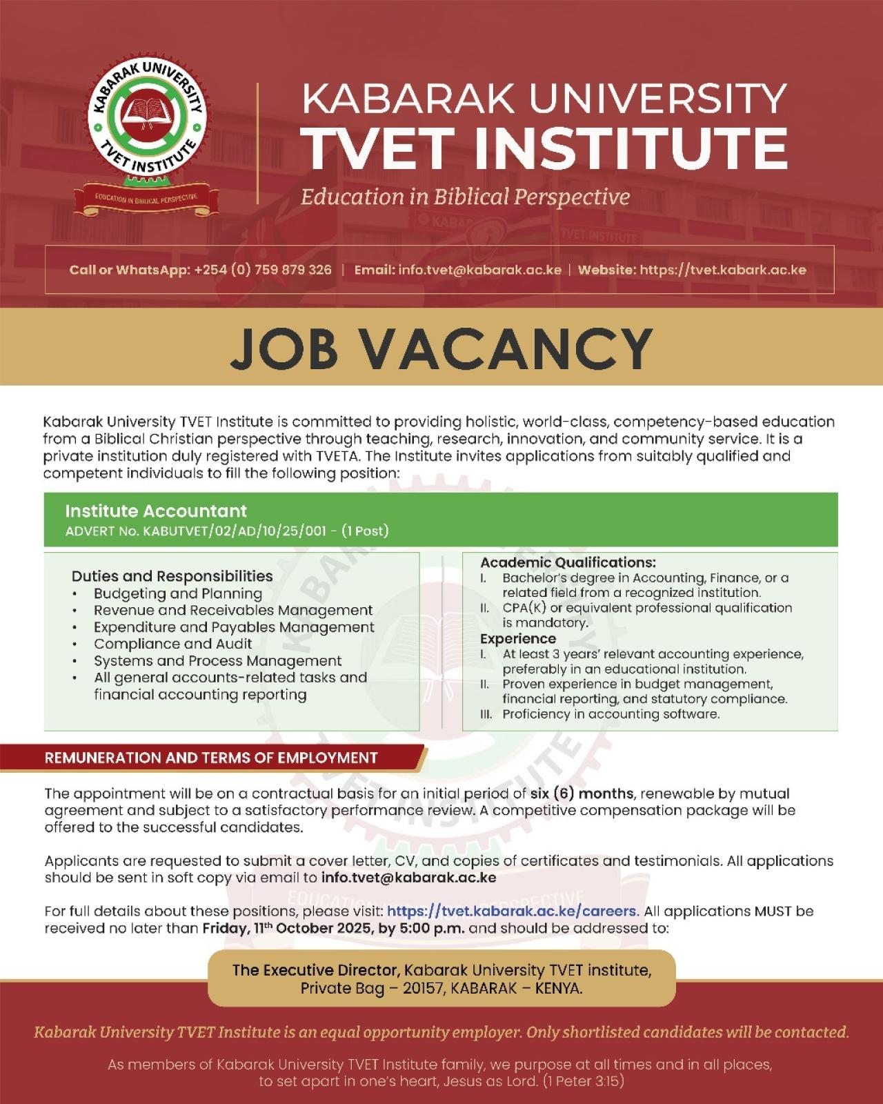 Career Opportunity: Institute Accountant